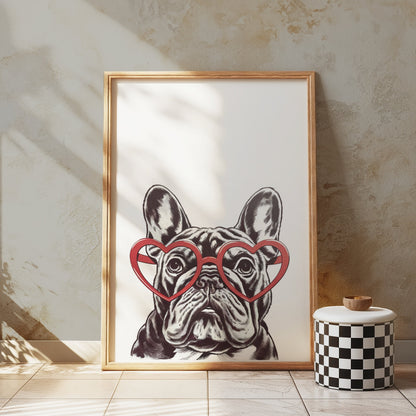 Premium Poster of French Bulldog Art Print with Heart Glasses Posters