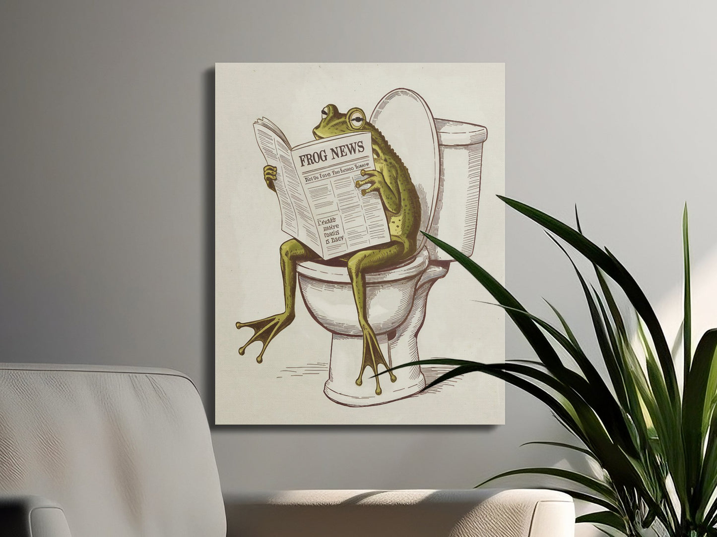 Whimsical frog art on a canvas wrap, showcasing a frog on a toilet reading the news, ideal for fun and unique wall decor.