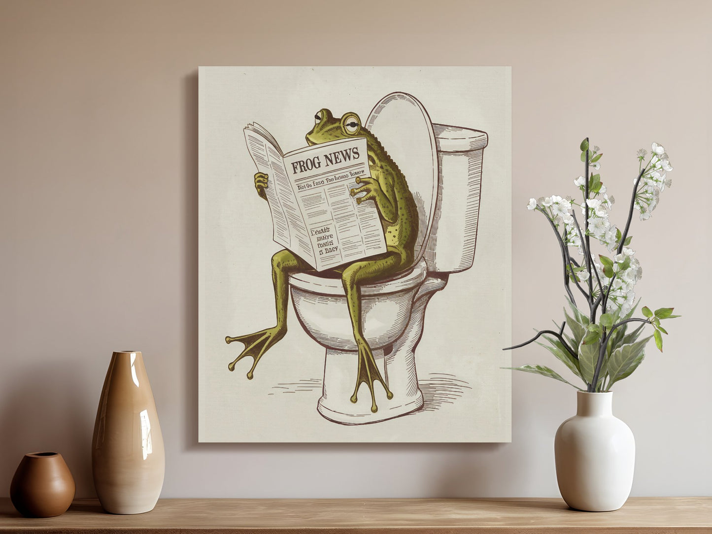 Funny canvas print of a frog reading a newspaper on a toilet, adding a touch of humor to bathroom or home decor.