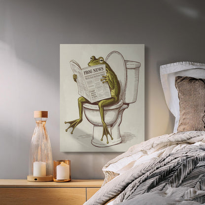 Quirky wall art of a frog on a toilet reading the news, displayed in a cozy bedroom setting for whimsical decor.