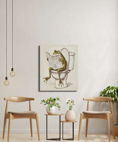 Unique wall art of a frog reading the news on a toilet, displayed in a modern living space for fun and quirky decor.