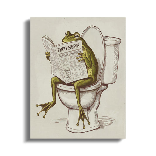 Humorous canvas wrap featuring a frog reading a newspaper while sitting on a toilet, perfect for quirky bathroom decor.