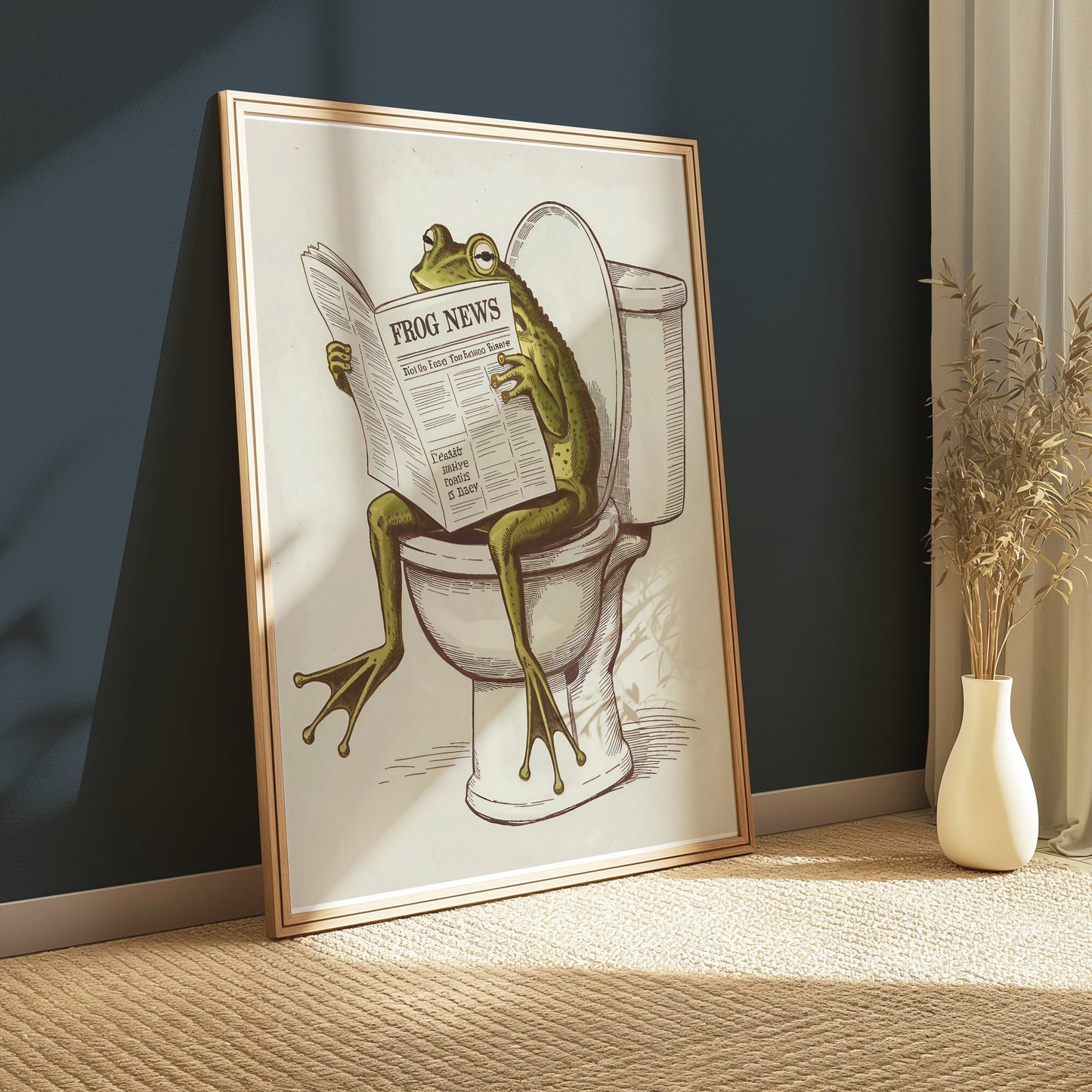 Framed frog reading newspaper on toilet poster leaning against a dark green wall, adding humor and charm to the room decor.