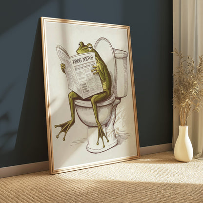 Framed frog reading newspaper on toilet poster leaning against a dark green wall, adding humor and charm to the room decor.