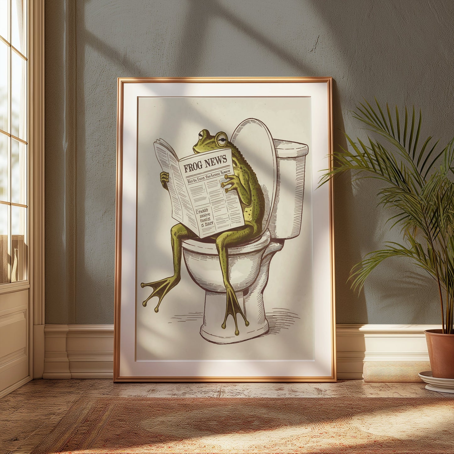 Framed frog reading newspaper on toilet poster placed on the floor near a sunny window, blending humor with elegant decor.