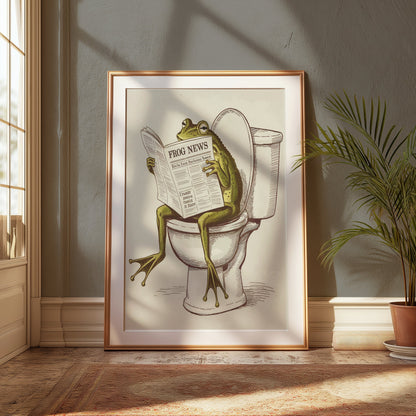 Framed frog reading newspaper on toilet poster placed on the floor near a sunny window, blending humor with elegant decor.