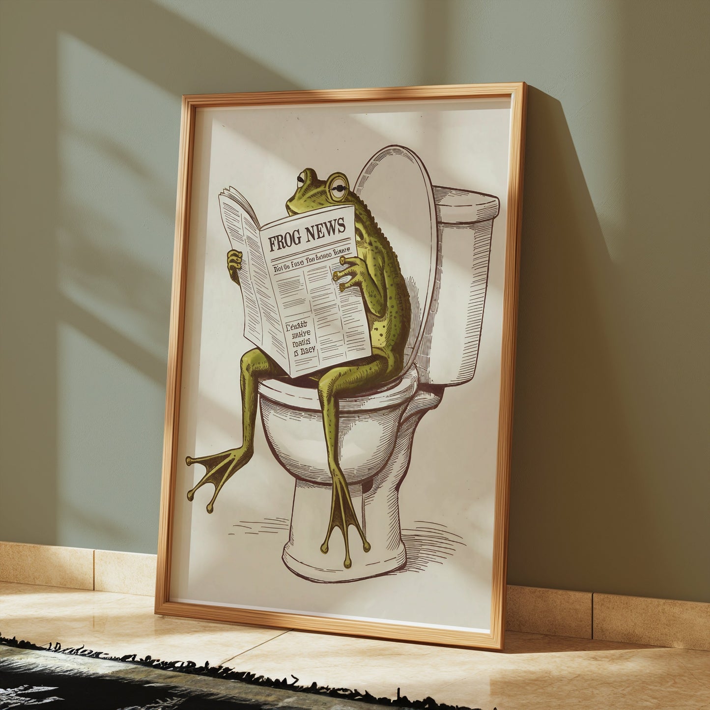 Framed frog reading newspaper on toilet poster leaning against a green wall, adding a touch of humor to the room's decor.
