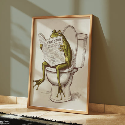 Framed frog reading newspaper on toilet poster leaning against a green wall, adding a touch of humor to the room's decor.