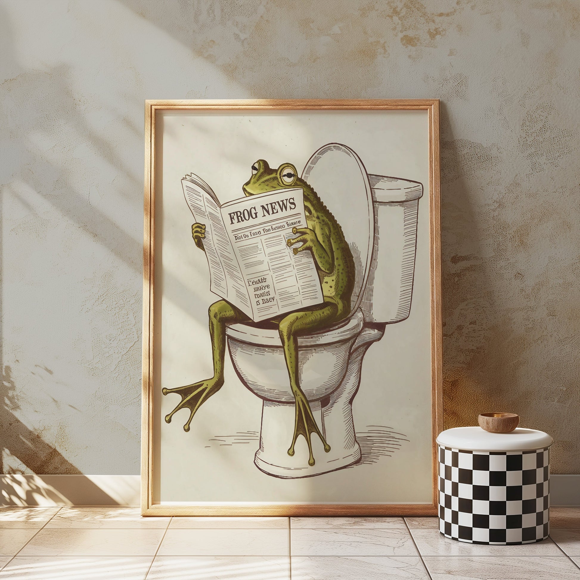 Framed frog reading newspaper on toilet poster displayed on a tiled floor with a minimalist decor setup, ideal for unique wall art.