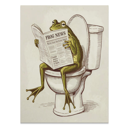 Premium quality poster featuring a cartoon frog reading a newspaper while sitting on a toilet, perfect for quirky bathroom decor.