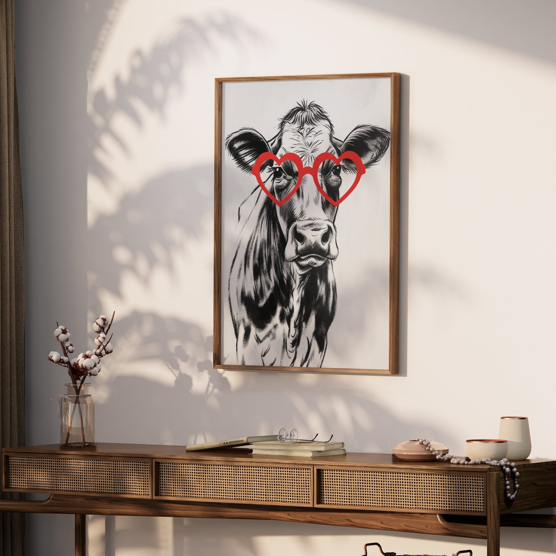 Premium Poster of Funny Cow with Heart Shaped Glasses Print Posters