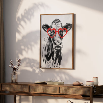 Premium Poster of Funny Cow with Heart Shaped Glasses Print Posters