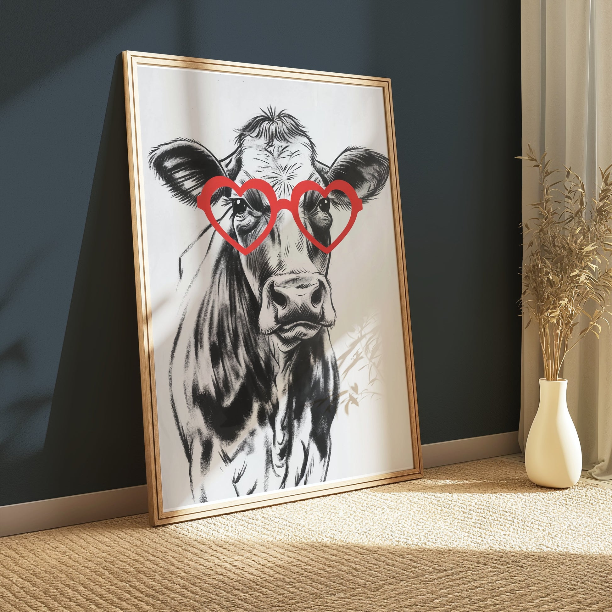 Premium Poster of Funny Cow with Heart Shaped Glasses Print Posters