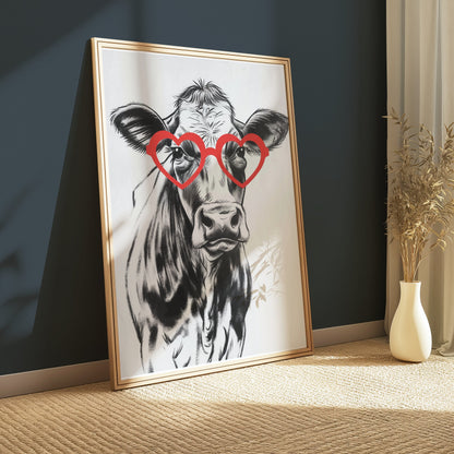 Premium Poster of Funny Cow with Heart Shaped Glasses Print Posters