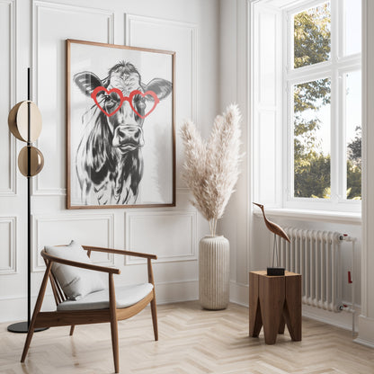 Premium Poster of Funny Cow with Heart Shaped Glasses Print Posters
