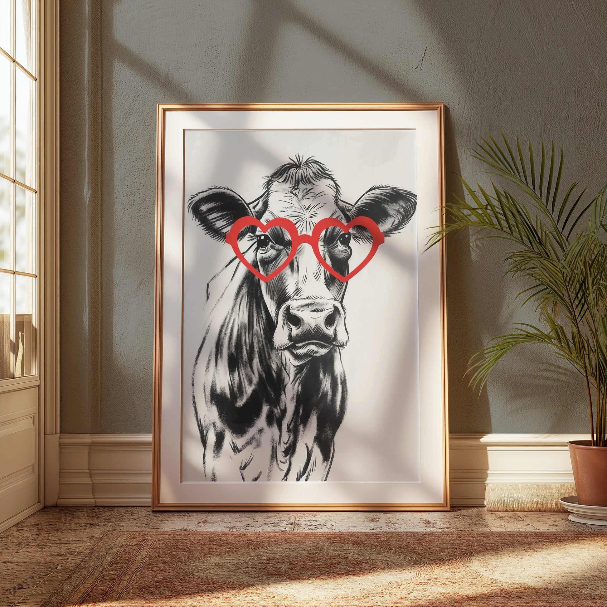 Premium Poster of Funny Cow with Heart Shaped Glasses Print Posters