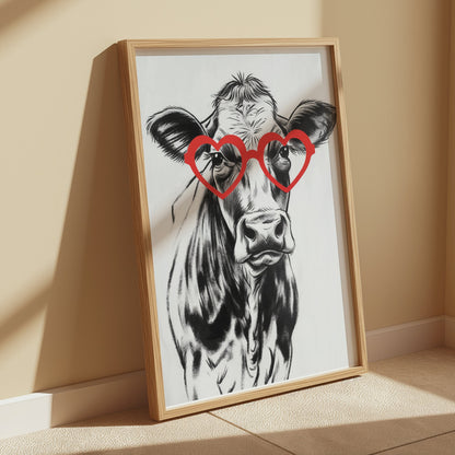 Premium Poster of Funny Cow with Heart Shaped Glasses Print Posters