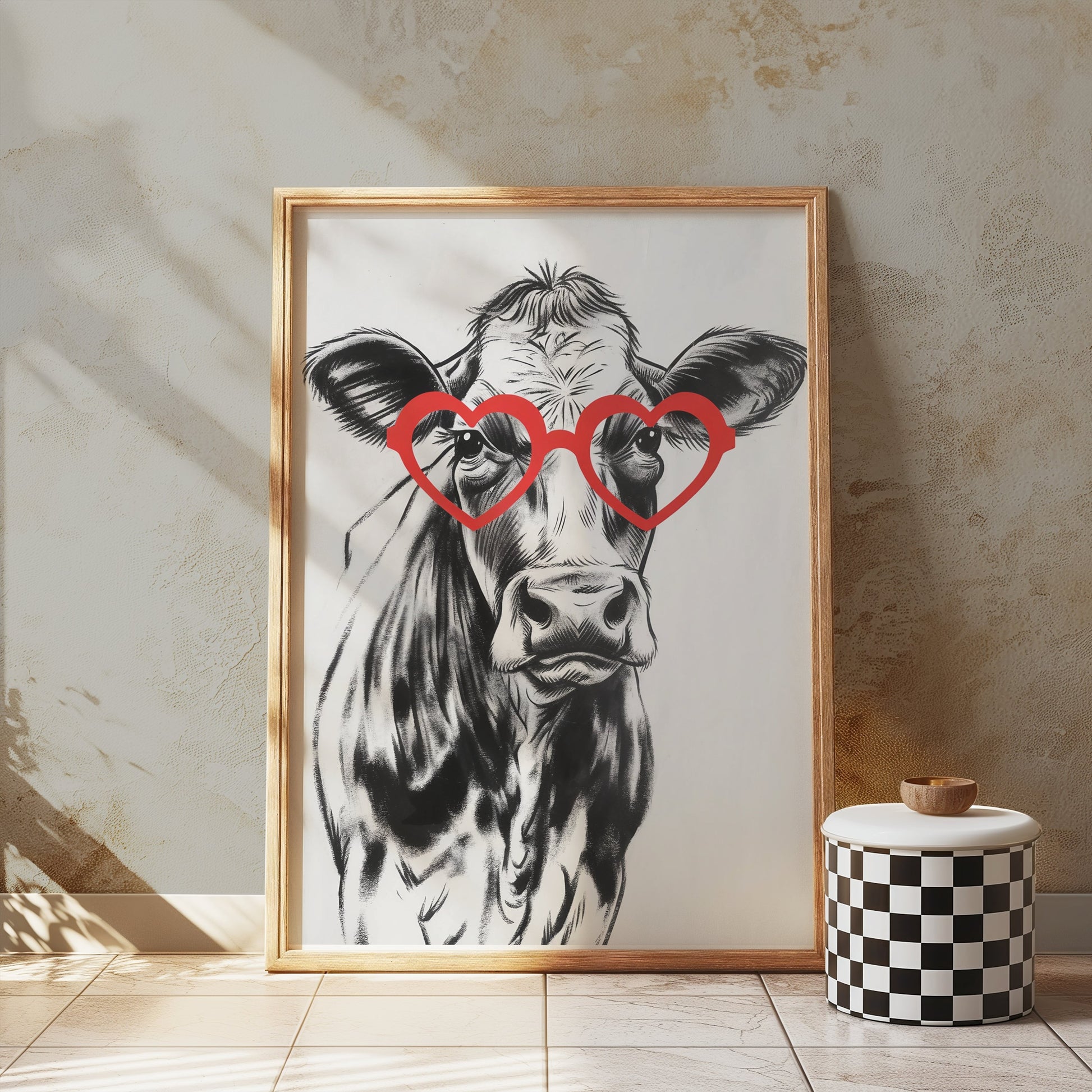 Premium Poster of Funny Cow with Heart Shaped Glasses Print Posters
