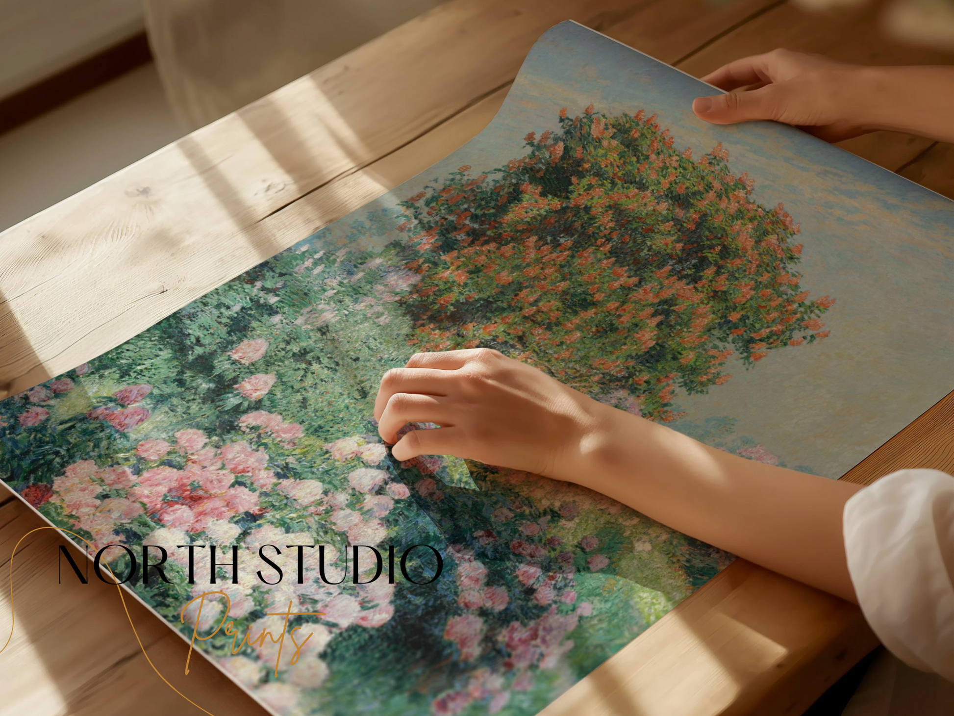 Premium Poster of Garden Blossom Scene with Red Bush Art Decor Posters