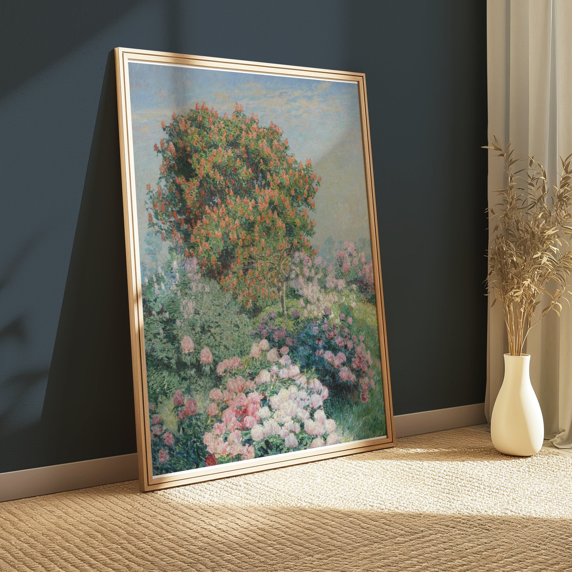 Premium Poster of Garden Blossom Scene with Red Bush Art Decor Posters