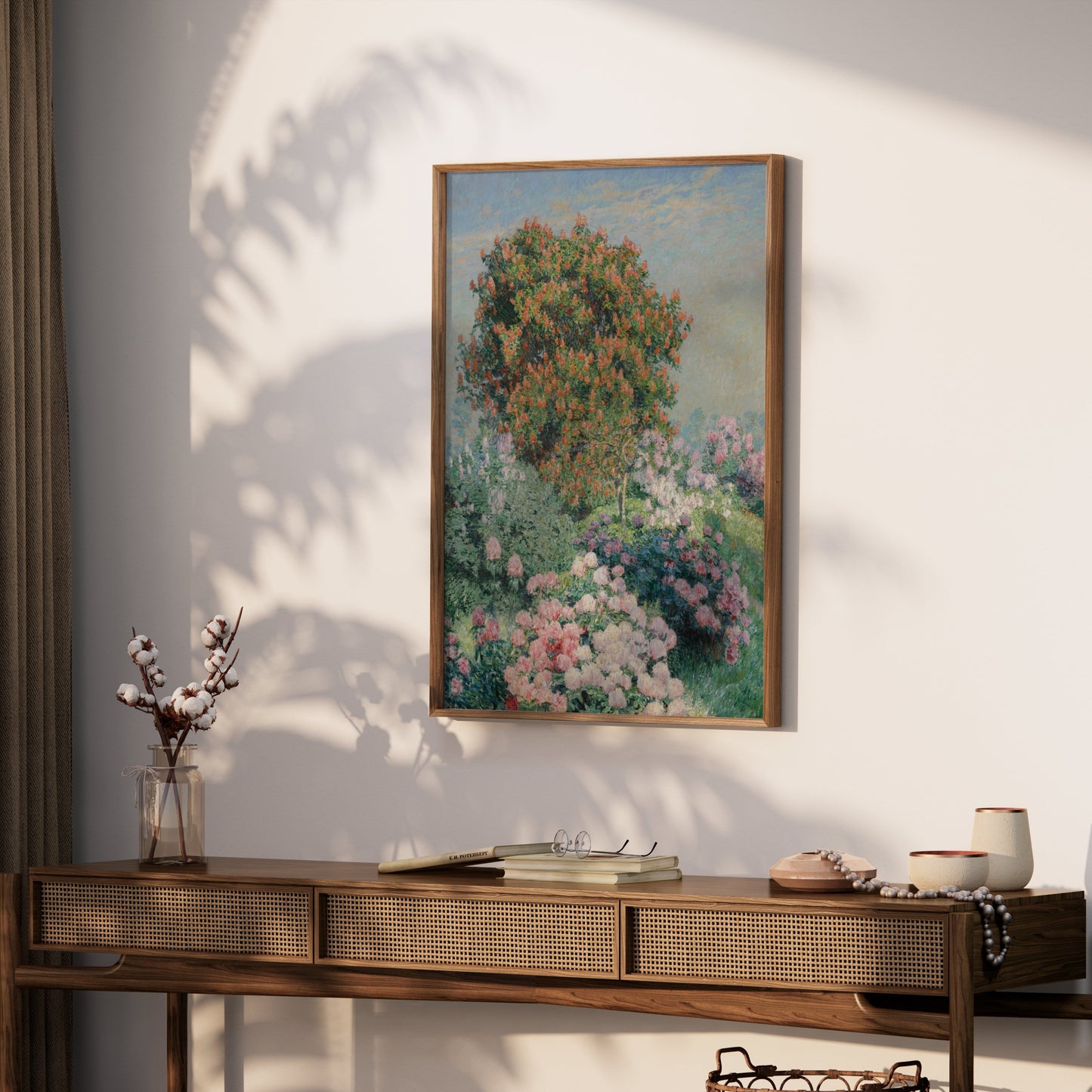 Premium Poster of Garden Blossom Scene with Red Bush Art Decor Posters