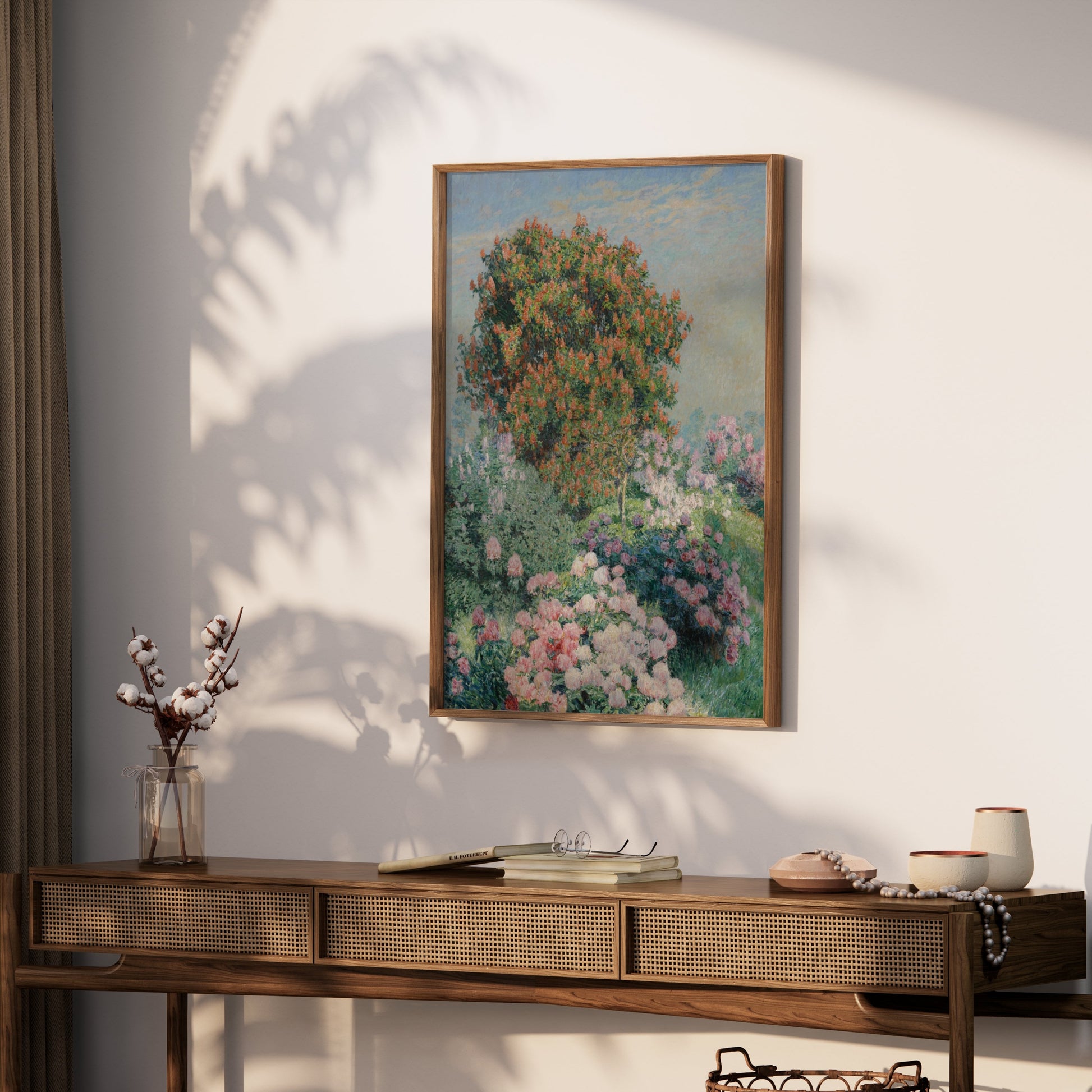 Premium Poster of Garden Blossom Scene with Red Bush Art Decor Posters