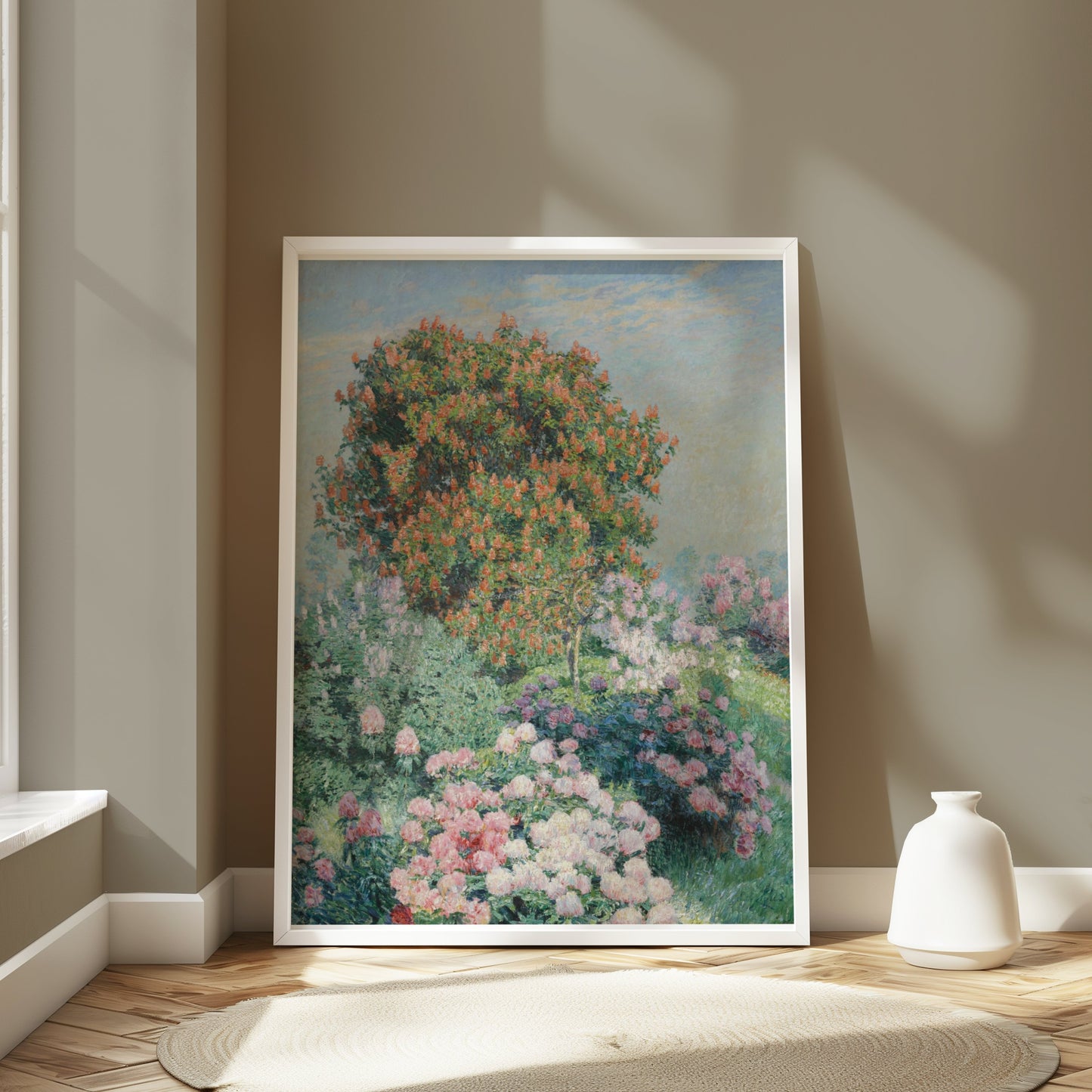 Premium Poster of Garden Blossom Scene with Red Bush Art Decor Posters