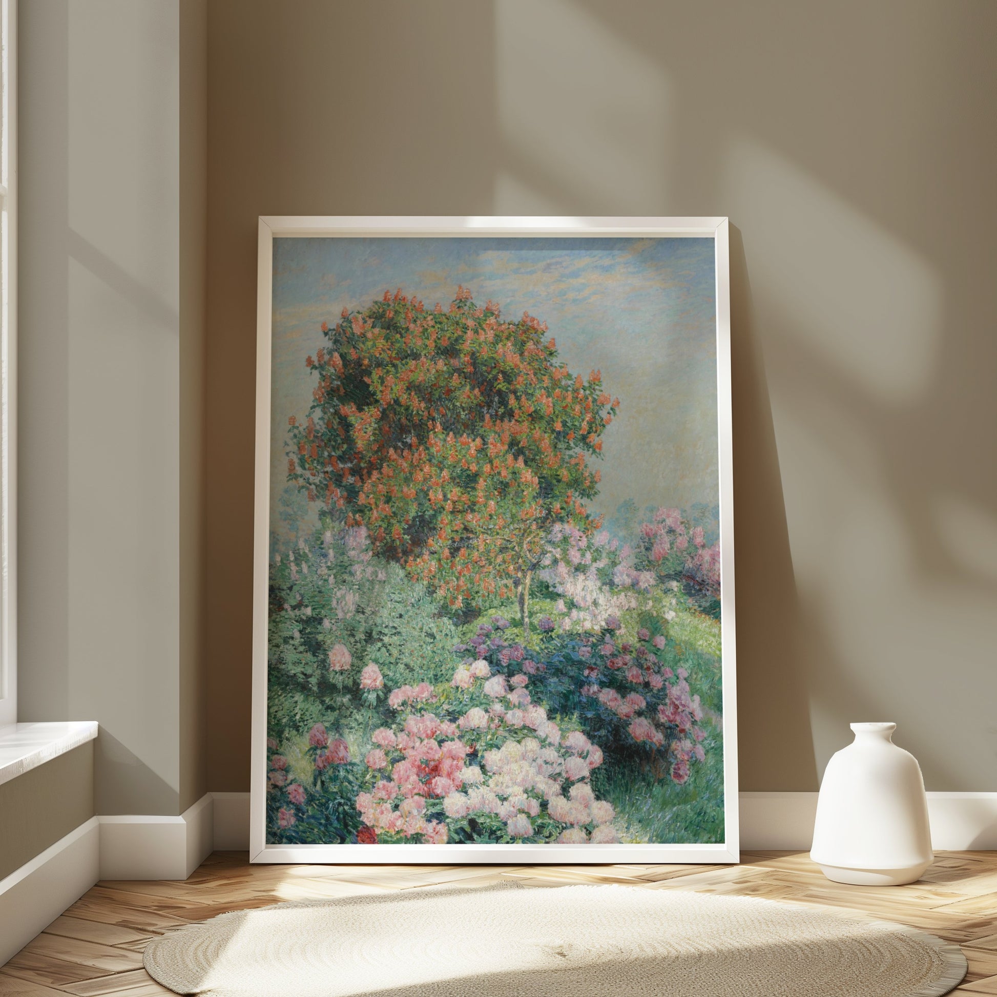 Premium Poster of Garden Blossom Scene with Red Bush Art Decor Posters