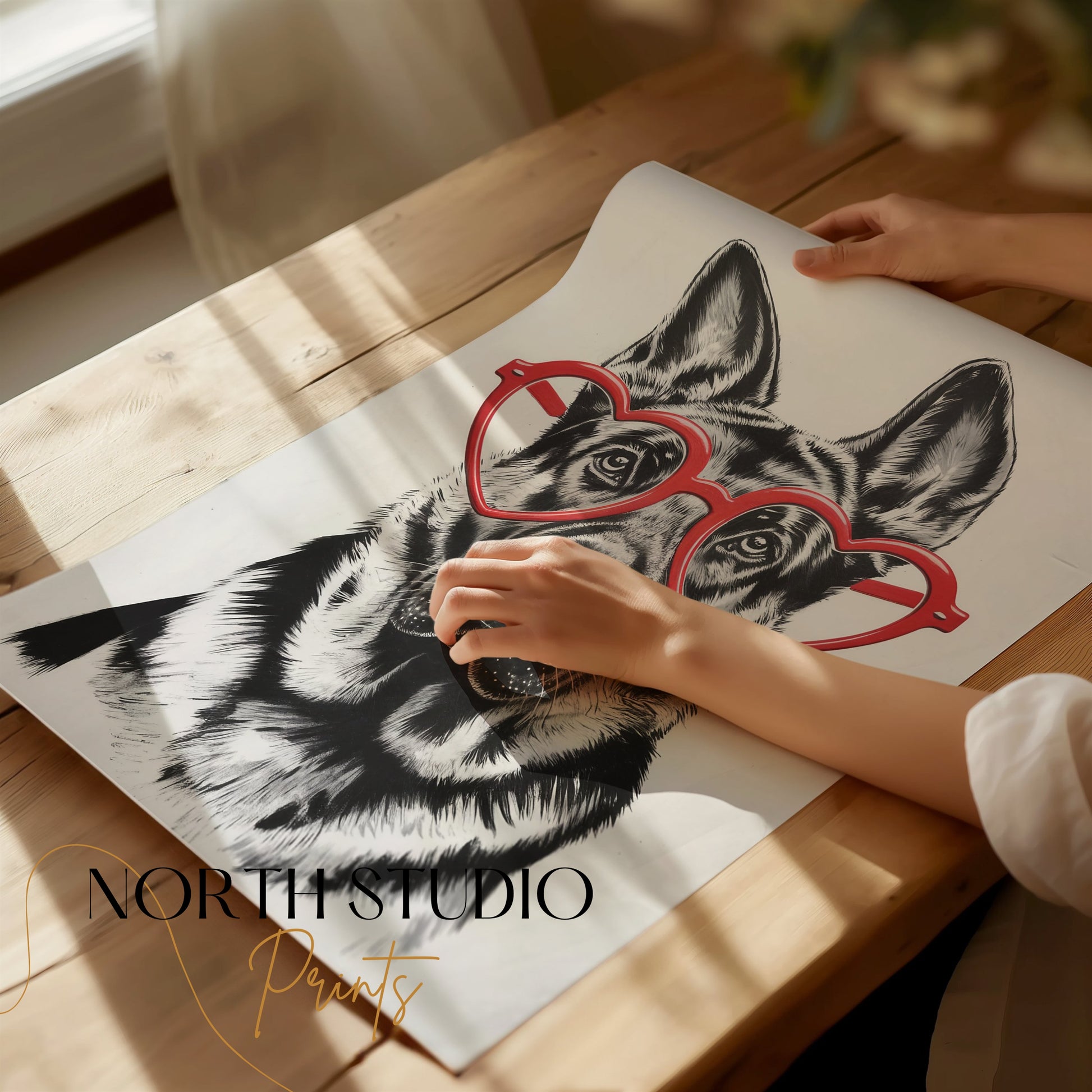 Premium Poster of German Shepherd With Red Heart Glasses Posters