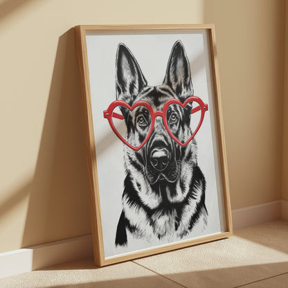 Premium Poster of German Shepherd With Red Heart Glasses Posters