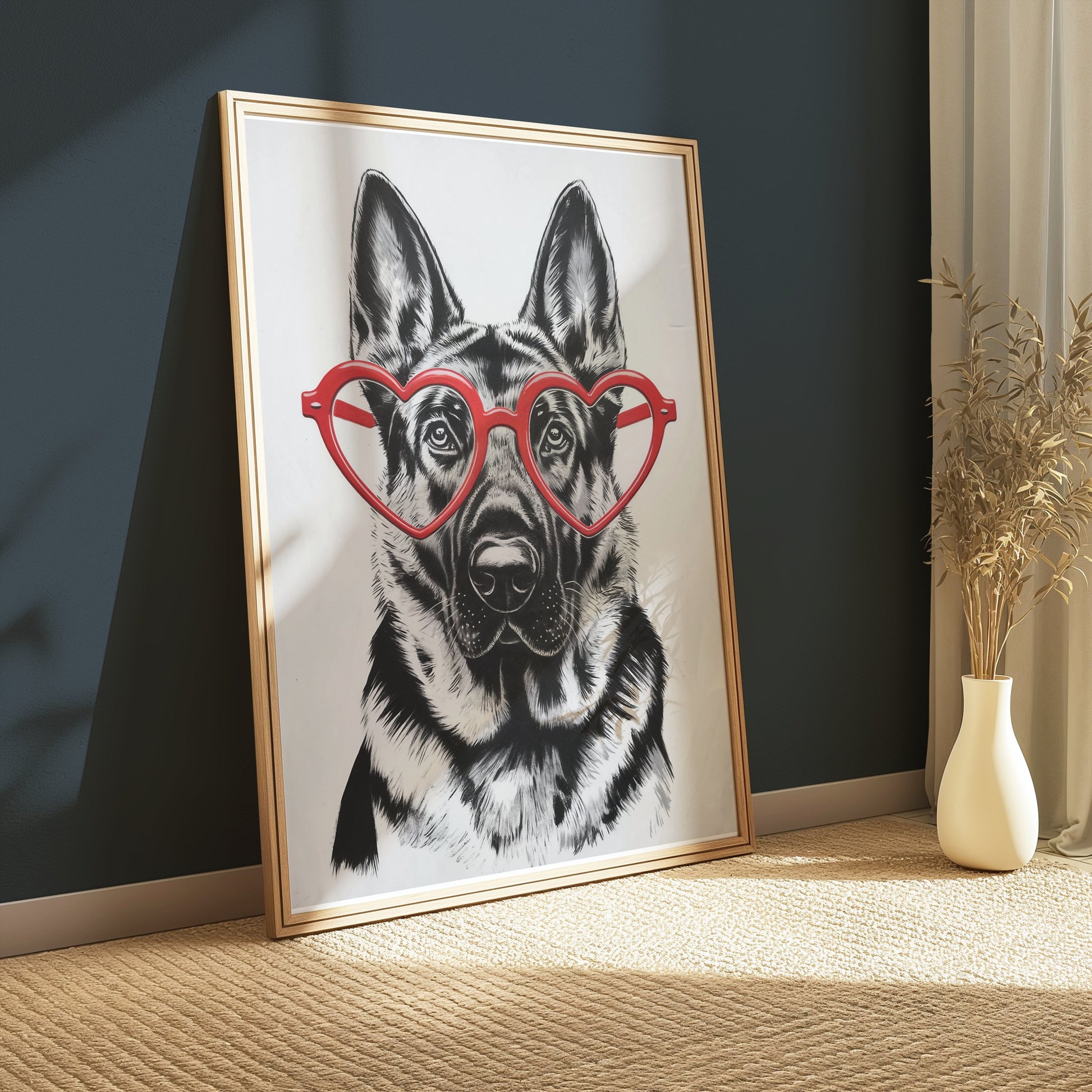 Premium Poster of German Shepherd With Red Heart Glasses Posters