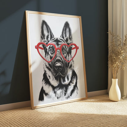 Premium Poster of German Shepherd With Red Heart Glasses Posters