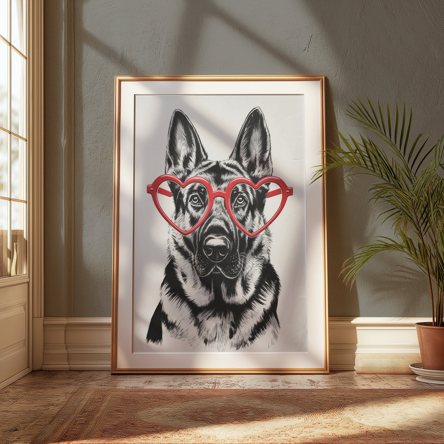 Premium Poster of German Shepherd With Red Heart Glasses Posters