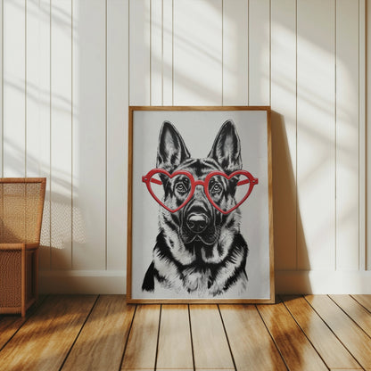 Premium Poster of German Shepherd With Red Heart Glasses Posters
