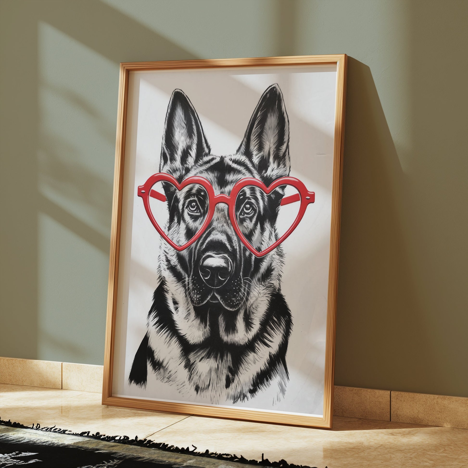 Premium Poster of German Shepherd With Red Heart Glasses Posters