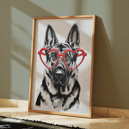Premium Poster of German Shepherd With Red Heart Glasses Posters