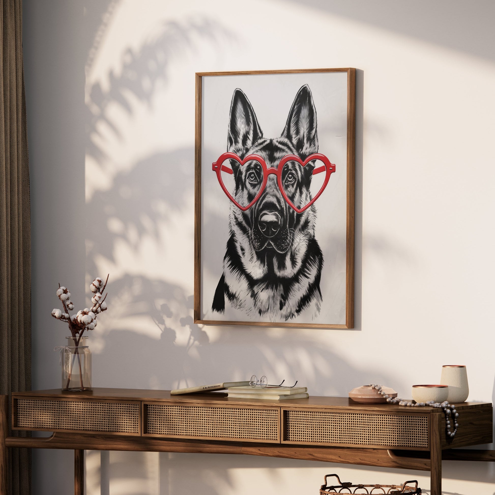 Premium Poster of German Shepherd With Red Heart Glasses Posters