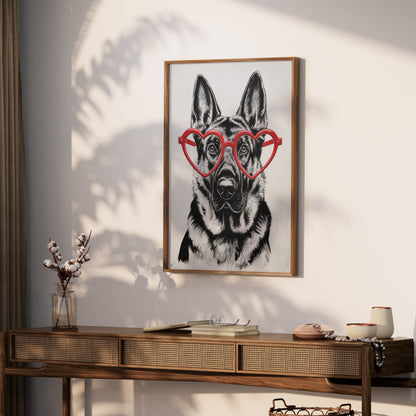 Premium Poster of German Shepherd With Red Heart Glasses Posters