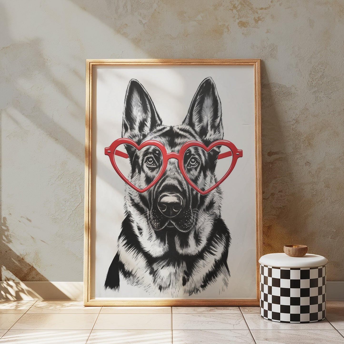 Premium Poster of German Shepherd With Red Heart Glasses Posters