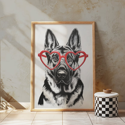 Premium Poster of German Shepherd With Red Heart Glasses Posters