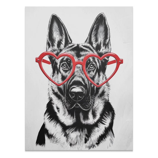 Premium Poster of German Shepherd With Red Heart Glasses Posters