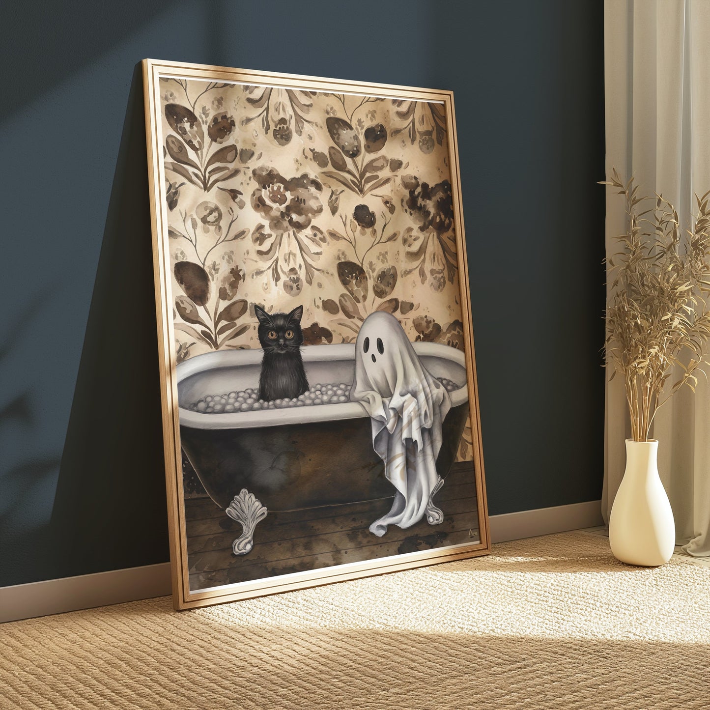 Premium Poster of Ghost and Cat in Bathtub Halloween Art Print Posters