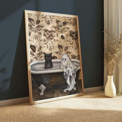 Premium Poster of Ghost and Cat in Bathtub Halloween Art Print Posters