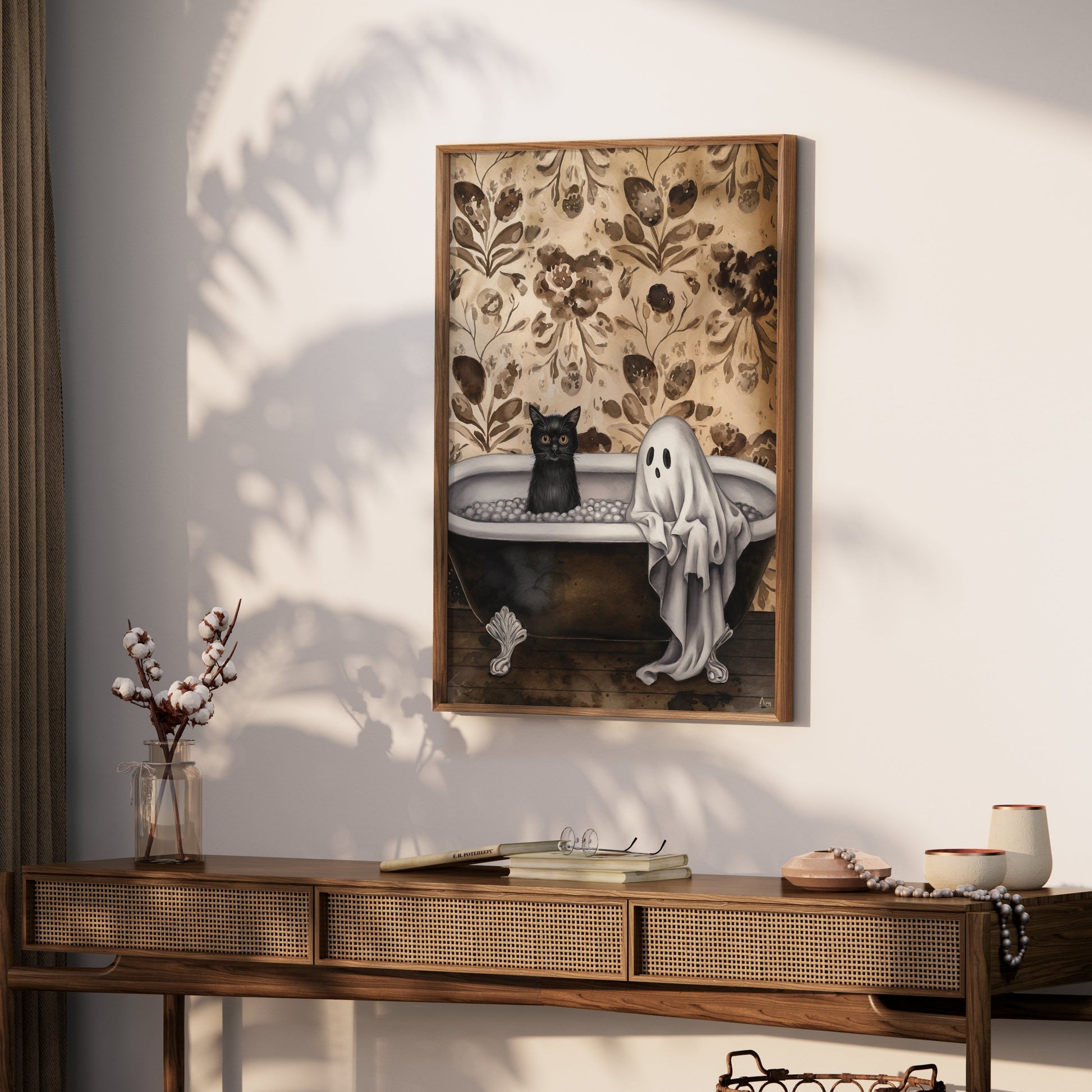 Premium Poster of Ghost and Cat in Bathtub Halloween Art Print Posters