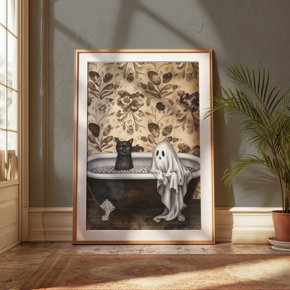 Premium Poster of Ghost and Cat in Bathtub Halloween Art Print Posters