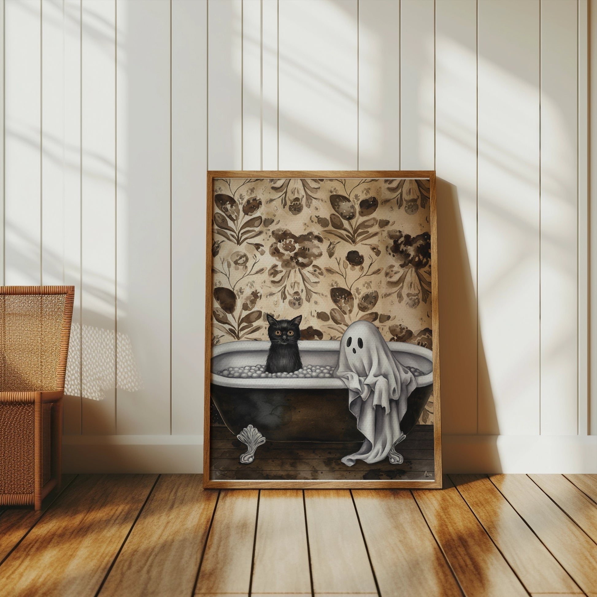 Premium Poster of Ghost and Cat in Bathtub Halloween Art Print Posters