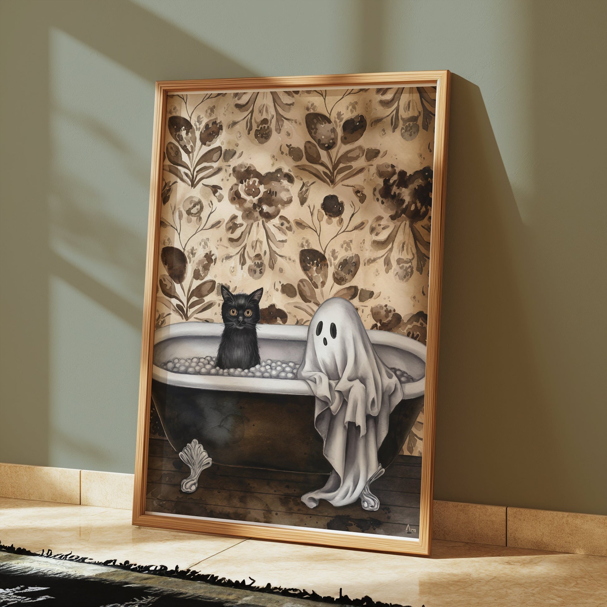 Premium Poster of Ghost and Cat in Bathtub Halloween Art Print Posters