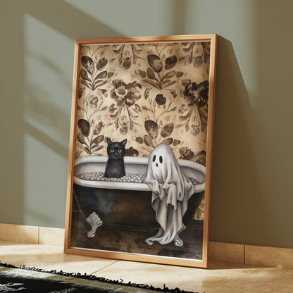 Premium Poster of Ghost and Cat in Bathtub Halloween Art Print Posters