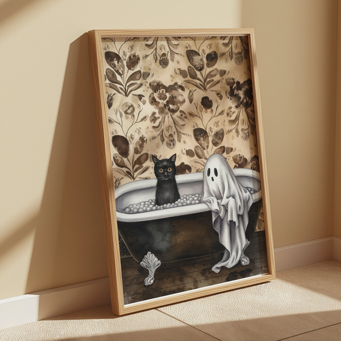 Premium Poster of Ghost and Cat in Bathtub Halloween Art Print Posters