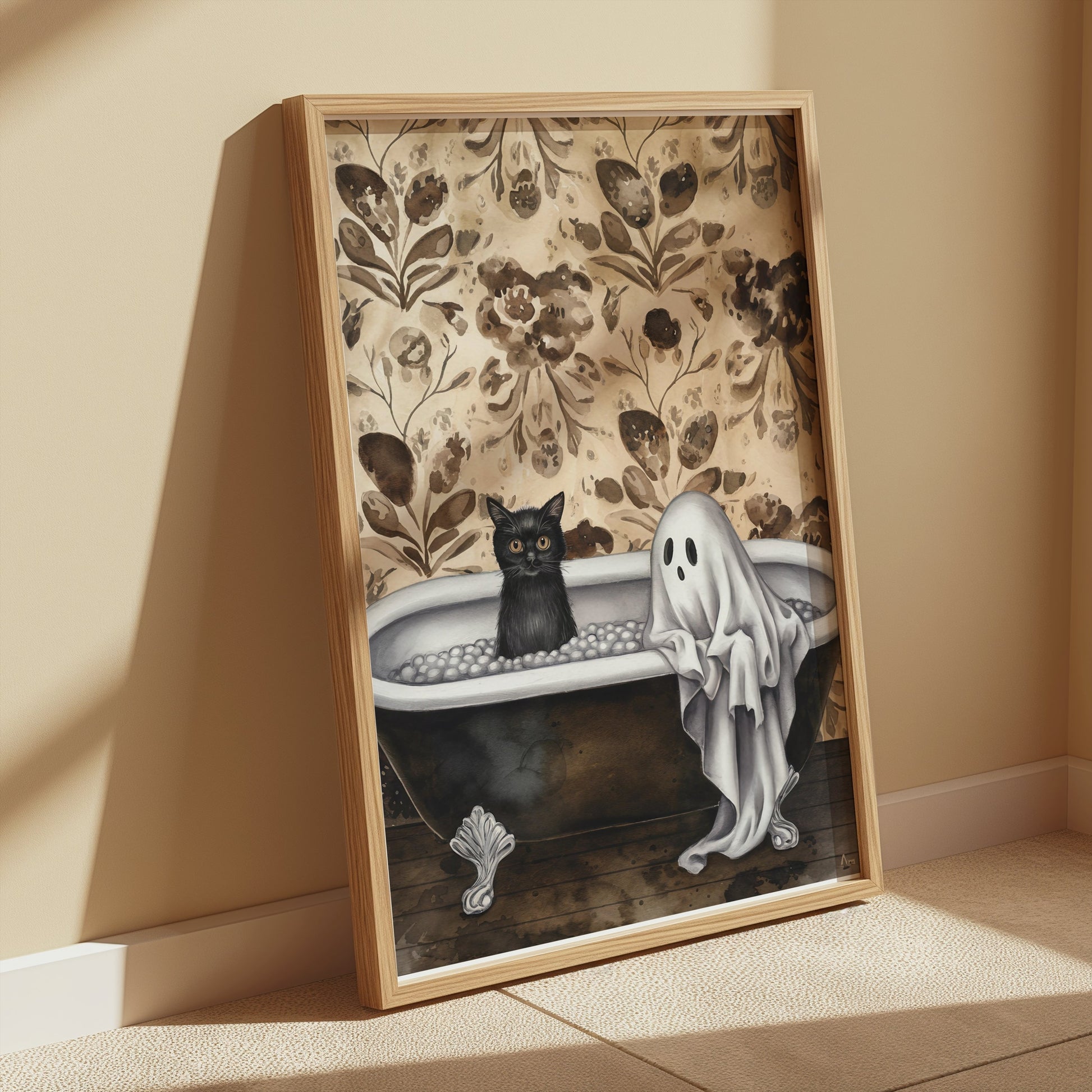 Premium Poster of Ghost and Cat in Bathtub Halloween Art Print Posters